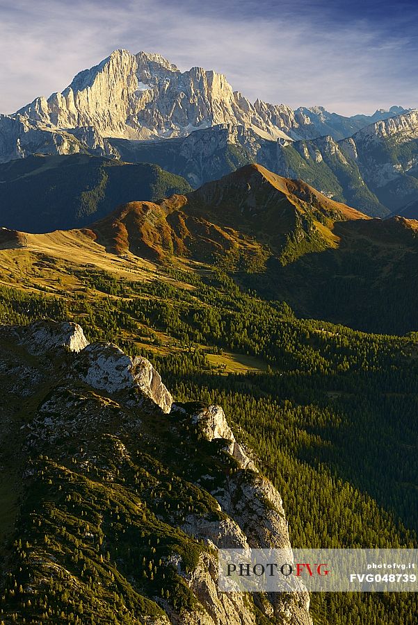 Views from Mount Lagazuoi with the first intense autumn lights, in the background the Civetta mount, dolomites, Veneto, Italy, Europe.