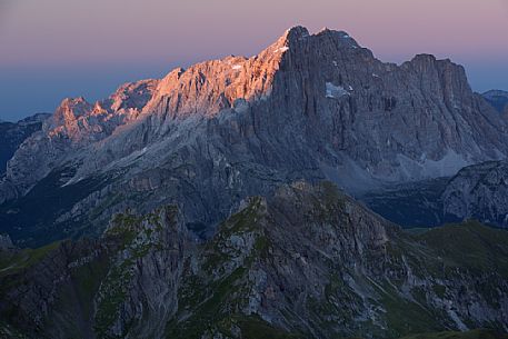 Dawn from the top of Tofana di Mezzo towards Civetta mount, Cortina d'Ampezzo, dolomites, Italy