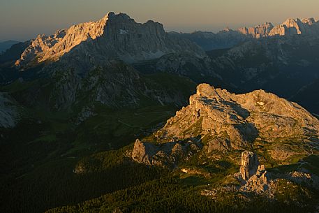 Dawn from the top of Tofana di Mezzo towards Cinque Torri and Civetta mountains, Cortina d'Ampezzo, dolomites, Italy