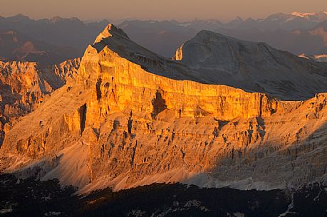 Sunset from the top of Piz Bo in the Sella mounatin group towards Sasso della Croce peak, dolomites, Italy