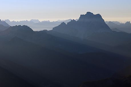 Sunrise from the top of Piz Bo in the Sella mounatin group towards Pelmo peak, dolomites, Italy