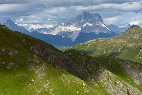 Pelmo mountain from the Viel del Pan path in the Padon mountain group.
The Viel del Pan is an ancient communication route that joins the Pordoi Pass to the Fedaia Pass, dolomites. Italy
