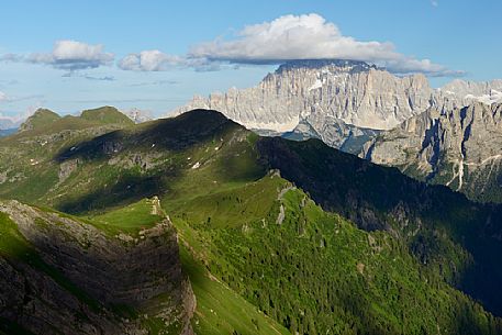 Civetta mountain from the Viel del Pan path in the Padon mountain group.
The Viel del Pan is an ancient communication route that joins the Pordoi Pass to the Fedaia Pass, dolomites. Italy
