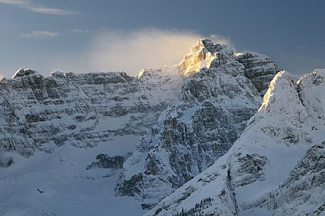 After a heavy snowfall on a cold winter morning, sunrise from Misurina towards the Sorapiss peak, Auronzo, Cadore, dolomites, Veneto, Italy, Europe
