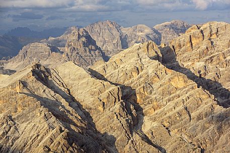 Tre Cime di Lavaredo and Cima Undici peaks from the top of Tofana di Mezzo, Cortina d'Ampezzo, dolomites, Italy.