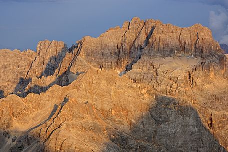 Monte Sorapis peak at sunset from the top of Tofana di Mezzo, Cortina d'Ampezzo, dolomites, Italy.
