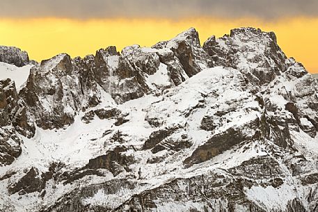 Pale di San Martino mount at dawn from Punta Rocca (3265 m), one of the peaks of the Marmolada, dolomites, Veneto, Italy, Europe