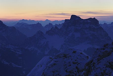 Pelmo peak at dawn from Punta Rocca (3265 m), one of the peaks of the Marmolada, dolomites, Veneto, Italy, Europe