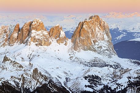 Winter view of Sassolungo e Sassopiatto at dawn from Punta Rocca one of the peaks of the Marmolada, Veneto, Italy, Europe