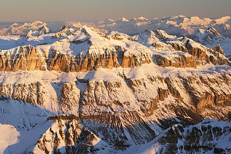 Winter view of Sella mount at dawn from Punta Rocca one of the peaks of the Marmolada, Veneto, Italy, Europe