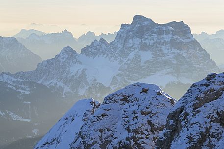 Pelmo peak at dawn from Punta Rocca (3265 m), one of the peaks of the Marmolada, dolomites, Veneto, Italy, Europe