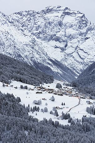 Winter panorama of Comelico valley with Costalissoio village, dolomites, Veneto, Italy, Europe