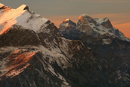 Winter panoramas from Nevegal towards Mount Serva, Mount Pelmetto and Mount Pelmo, Belluno, Veneto, Italy, Europe.
