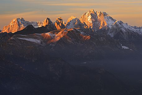 Winter panorama from Nevegal towards Mount Sorapis, Rocchetta Alta, Sasso di Tovanella, Sasso di Bosconero and Mount Antelao, dolomites, Belluno, Veneto, Italy, Europe.
