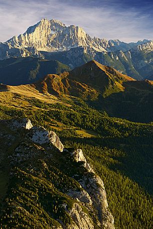 Views from Mount Lagazuoi with the first intense autumn lights, in the background the Civetta mount, dolomites, Veneto, Italy, Europe.