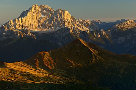 Views from Mount Lagazuoi with the first intense autumn lights, in the background the Civetta mount, dolomites, Veneto, Italy, Europe.