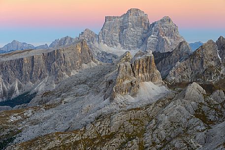 Views from Mount Lagazuoi at twilight, in the background the Nuvolau refuge, Lastoi di Formin, Nuvolau, Pelmo and Averau mounts, dolomites, Veneto, Italy, Europe.