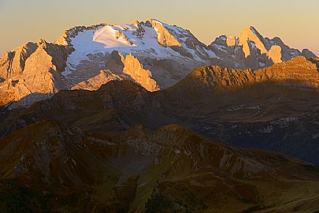 Views from Mount Lagazuoi with the first intense autumn lights, in the background the Marmolada and Gran Vernel mounts, dolomites, Veneto, Trentino, Italy, Europe.