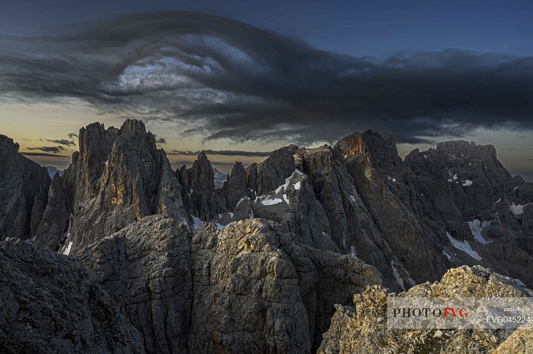 Fococobon mountain in thePale di San Martino mountain grup at sunrise from the top of Mulaz, dolomites, Trentino Alto Adige, Italy, Europe