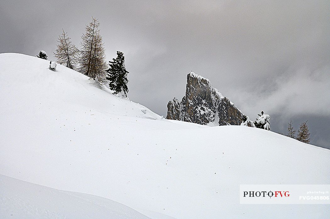 Sass de Strìa peak in the snow, Falzarego pass, Cortina d'Ampezzo, dolomites, Veneto, Italy, Europe