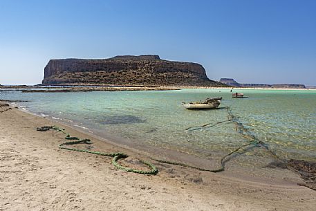 The warm and calm sea of the Balos bay with Capo Tigani in the north of Crete Island, Greece