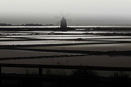 Mozia, windmill and salt field, isole dello Stagnone, Marsala, Trapani, Sicily, Italy, Europe