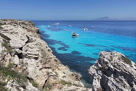 The eastern coast of the island of Favignana Cala Bue Marino beach, Egadi islands, Sicily, Italy, Europe