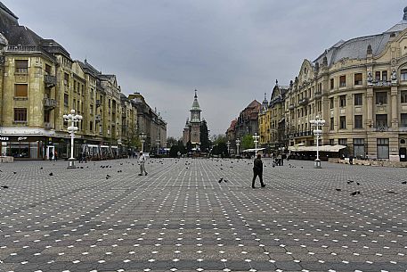 Piata Victoriei square surrounded by secessionist buildings and in the background the Orthodox Cathedral, Timisoara, Romania, Europe