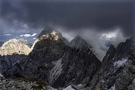 Following the safeguarded climb Ceria Merlone on the Montasio mountain range, Raccolana valley, Julian alps, Friuli Venezia Giulia, Italy, Europe