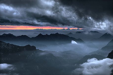 Sunset from the top of the Foronon del Buinz, Montasio, Julian Alps, Raccolana valley, Friuli Venezia Giulia, Italy, Europe