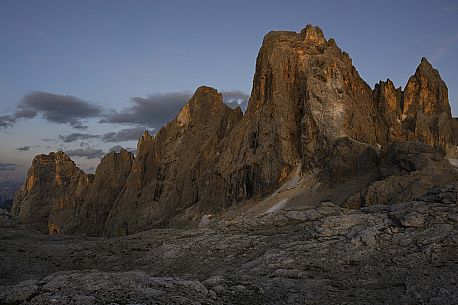 Fococobon mount in the Pale di San Martino mountain range at sunrise, Mulaz pass, dolomites, Trentino Alto Adige, Italy, Europe