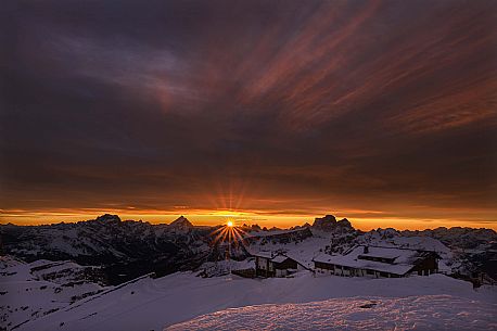 The Lagazuoi hut at dawn, in the background Sorapiss, Antelao and Pelmo, dolomites, Cortina d'Ampezzo, Veneto, Italy, Europe