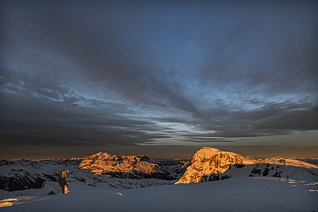 The Sella mount at sunrise fromt the Lagazuoi peak, dolomites, Cortina d'Ampezzo, Veneto, Italy, Europe