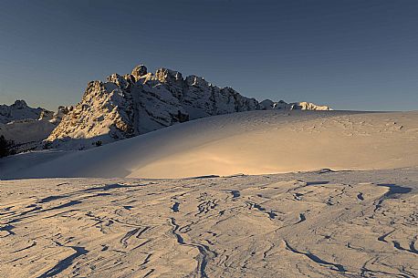 In a freezing dawn in the Cristallo mount from the top of Piana mountain, dolomites, South Tyrol, Italy, Europe