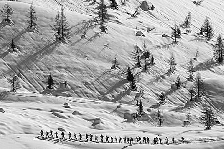 Group of hikers climb in line for one on the Fedare slope towards the Averau