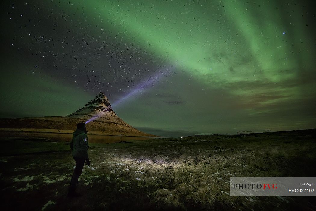 Aurora borealis ring around Kirkjufell mountain, Iceland
