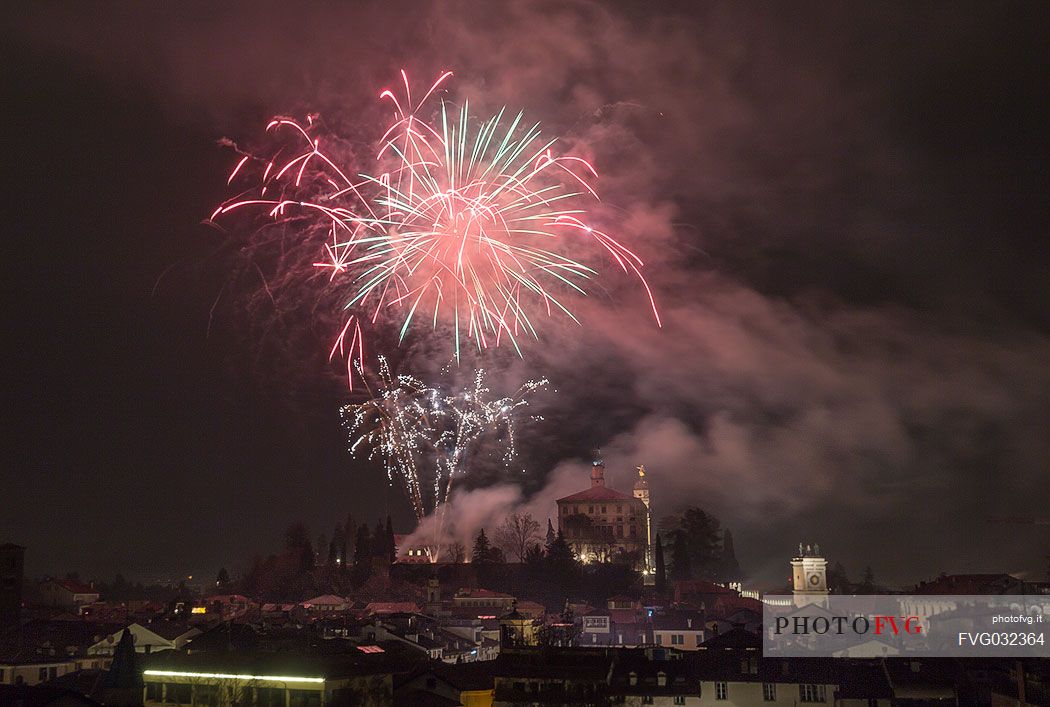 New year's fireworks from Udine Castle, Friuli Venezia Giulia, Italy