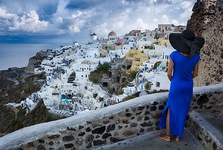 Panoramic view of Santorini island from old church ruins in Oia, Greece