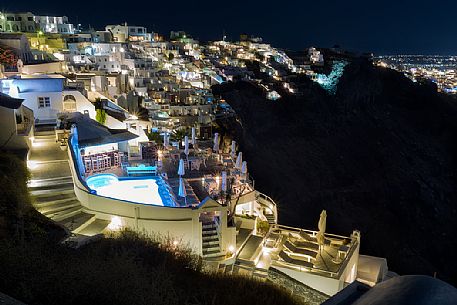 Panoramic view by night of Imerovigli village in Santorini island, Greece