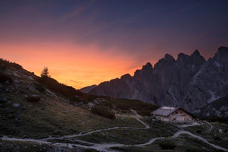 Langalm shelter at sunset, Tre Cime natural park, dolomites, Italy