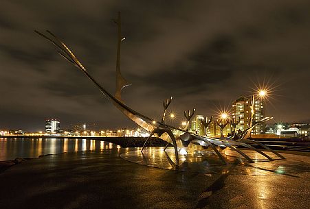 Solfar monument in Reykjavik by night, Iceland.