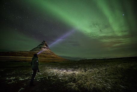 Aurora borealis ring around Kirkjufell mountain, Iceland