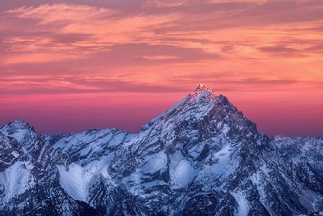 Panoramic view of Antelao mount from Lagazuoi mountain hut at sunset, Lagazuoi pass, Cortina d'Ampezzo, dolomites, Italy, Europe