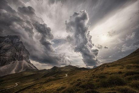Stormy clouds coming over Pale di San Martino peaks, Parco Naturale Paneveggio Pale di San Martino natural park, dolomites, Trentino Alto Adige, Italy, Europe