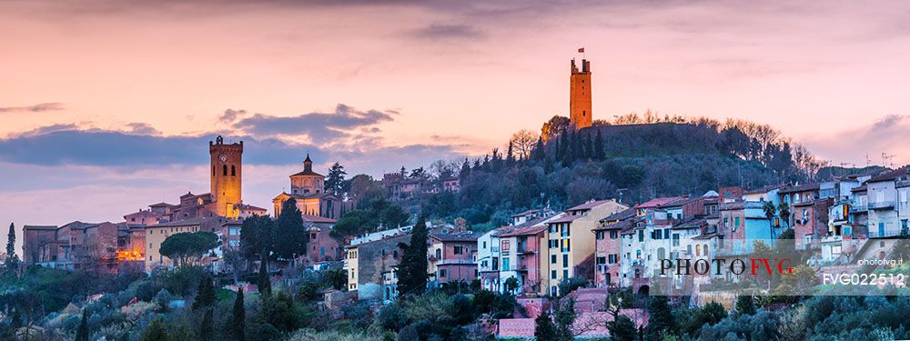 Twilight on the hills of San Miniato with Matilde and Federico II towers illuminated, Tuscany, Italy