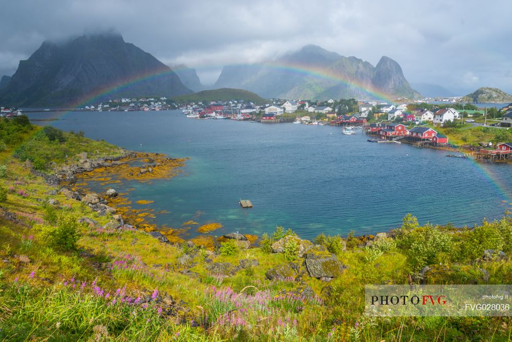 Rainbow on Reine village, Lofoten Islands, Norway