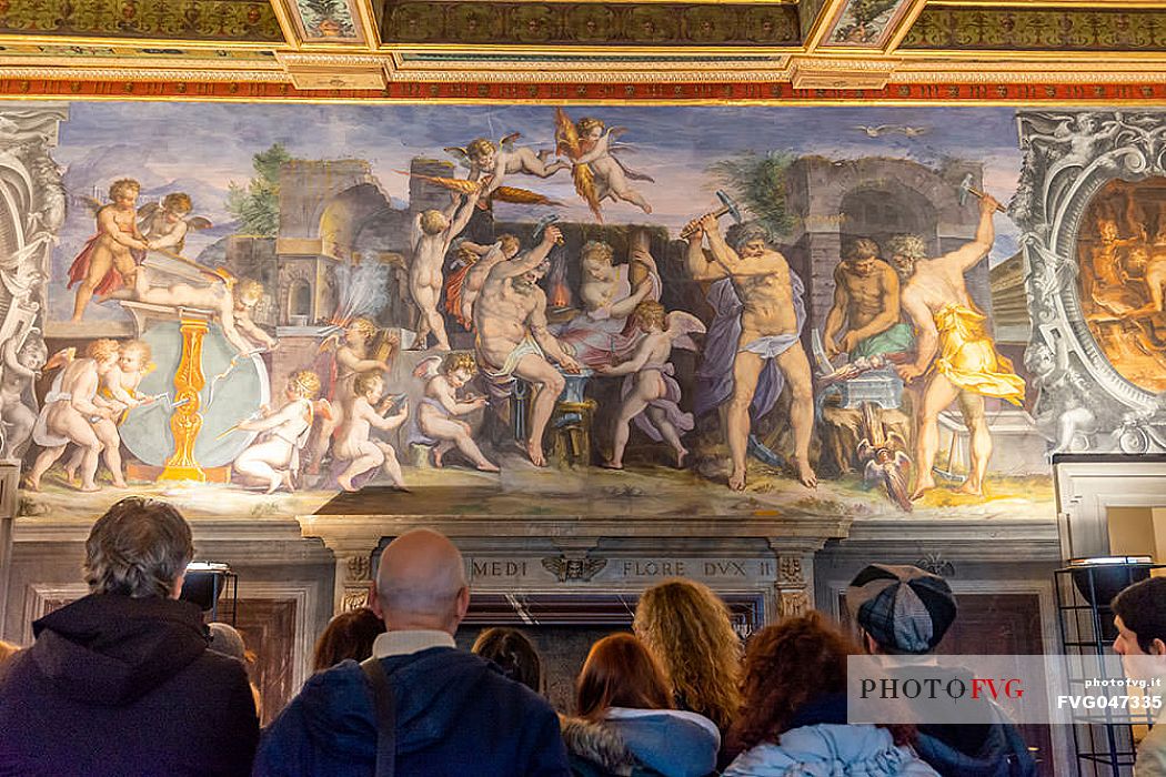 Tourists in the Room of the Elements or Stanza degli Elementi, Palazzo Vecchio, Piazza della Signoria, Florence, Tuscany, Italy, Europe