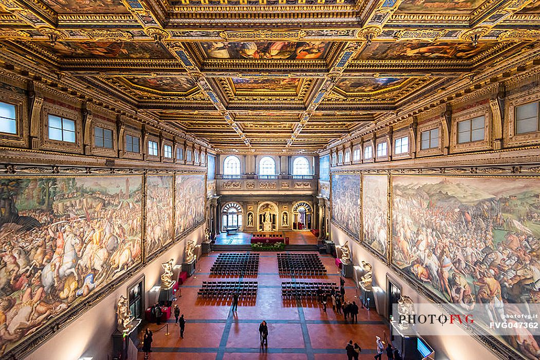 Overlook view of the Salone dei Cinquecento or Five Hundred hall, Palazzo Vecchio, Piazza della Signoria, Florence, Tuscany, Italy, Europe