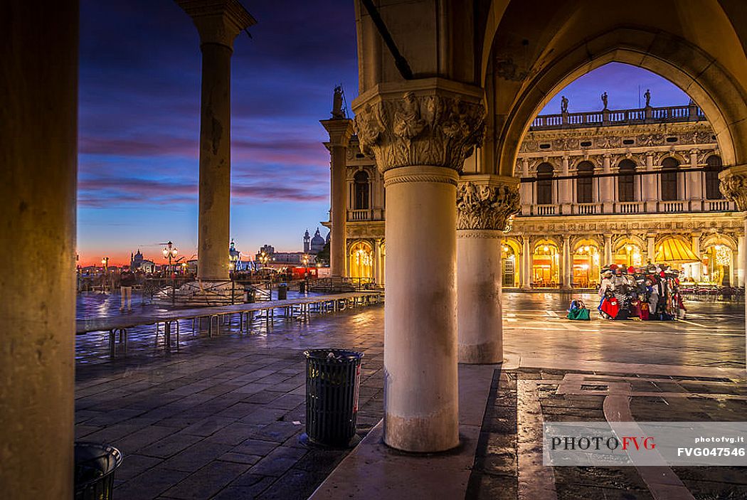 Marciana Library and the columns of San Todaro and San Marco in San Marco square, Venice, Italy, Europe