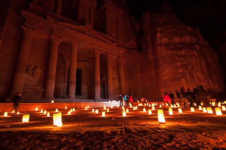 Al Khazneh or the Treasury in the ancient city of Petra by night, Jordan
